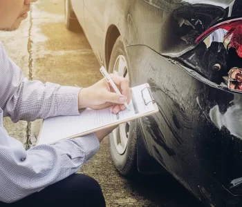 Inspector checking damage and writing notes on clipboard next to car rear end — Car Insurance concept for rent‑to‑own vehicles.