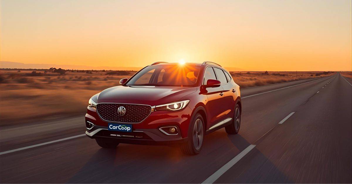 MG ZS driving on Australian highway with sunset background
