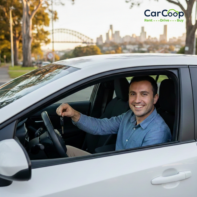 Smiling driver holding car keys inside a vehicle with Sydney Harbour Bridge in the background, representing Bad Credit Rent-to-Own Cars in Sydney.