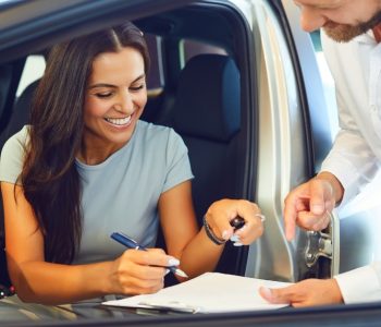 Woman signing a rent-to-own used car agreement with a salesperson inside a vehicle