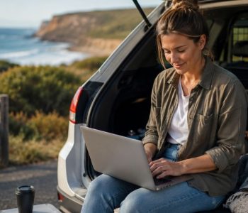 Self-employed woman working on a laptop from the back of her SUV near the coast, representing flexible self-employed car finance options in Australia.