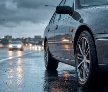 Car driving on a wet road during gloomy weather, symbolising the uncertainty many Australians face as interest rate hikes impact car finance affordability.