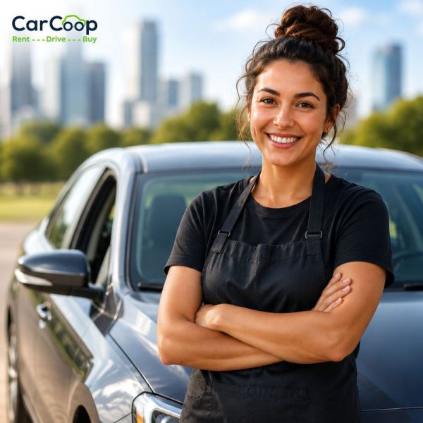 Smiling casual worker standing beside a car in Australia promoting car loans for casual workers through flexible rent to own car finance.
